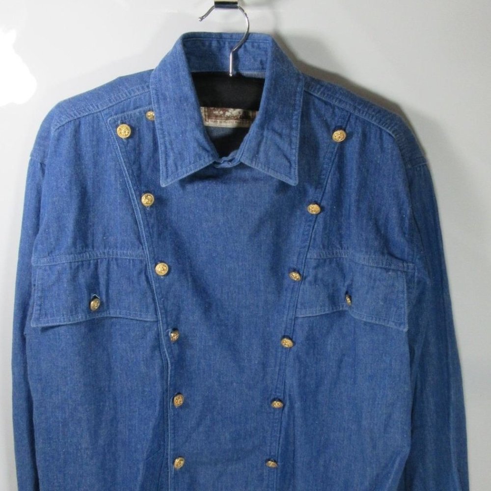 Vintage Denim Shirt Bib Front Size L. Golden buttons. Frontier Rider brand.